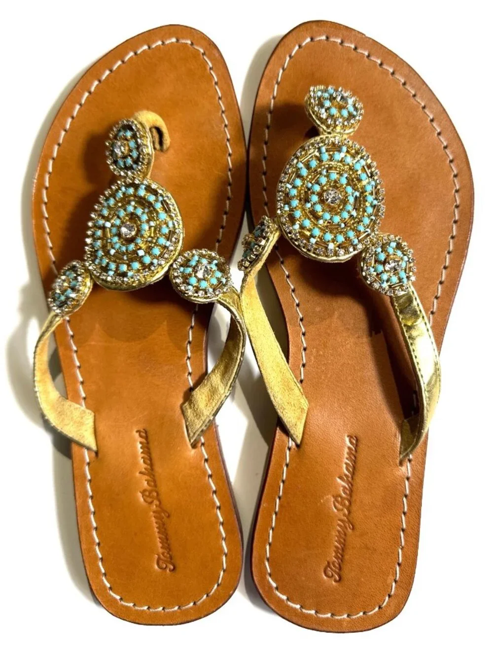 Tommy Bahama Womens Size 7 Gold Leather Sandals With Turquoise Rhinestone Accent
